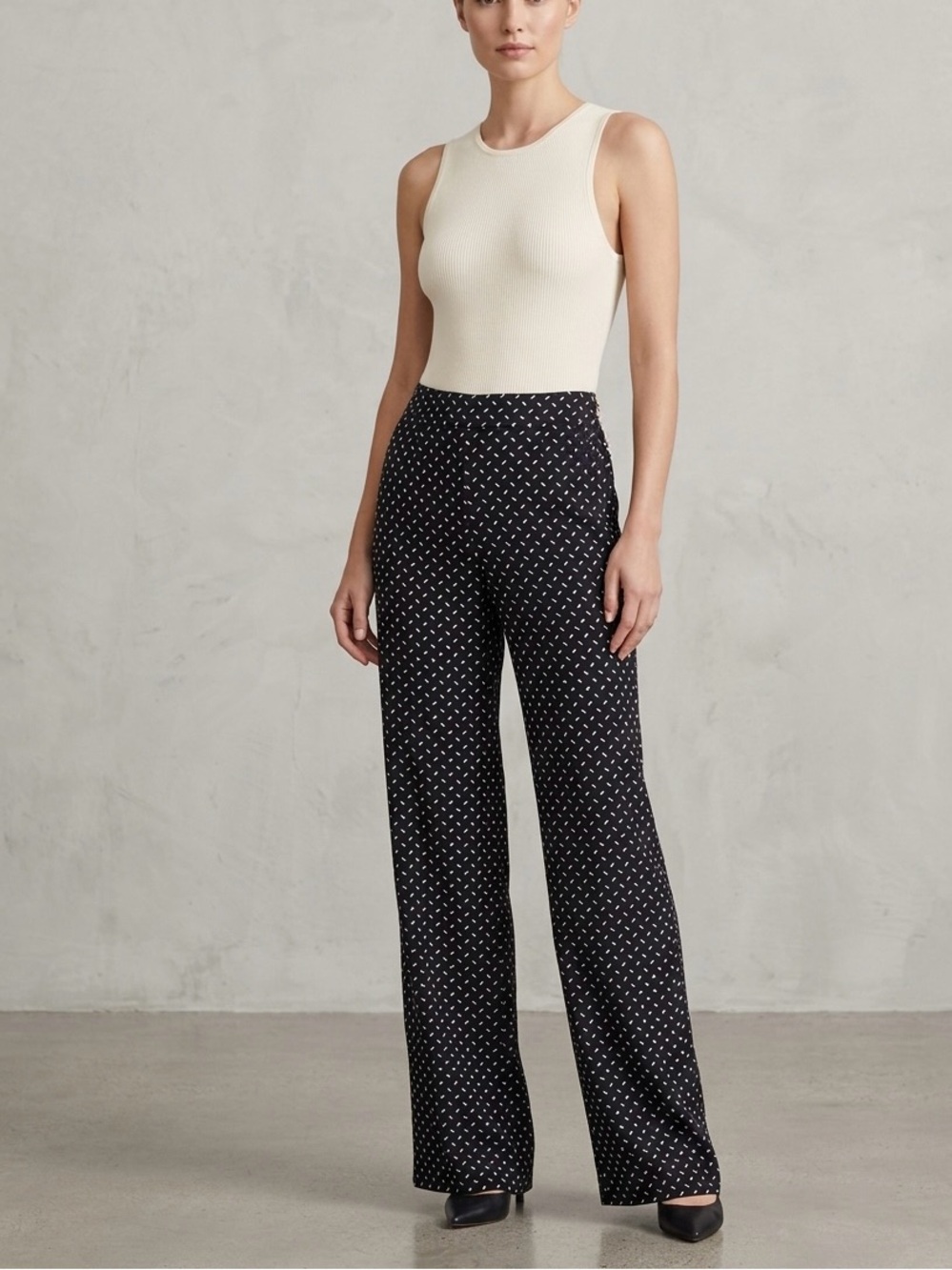 DVF Diane von Furstenberg Navier Silk Wide Leg Pants Black White Dot Size 10